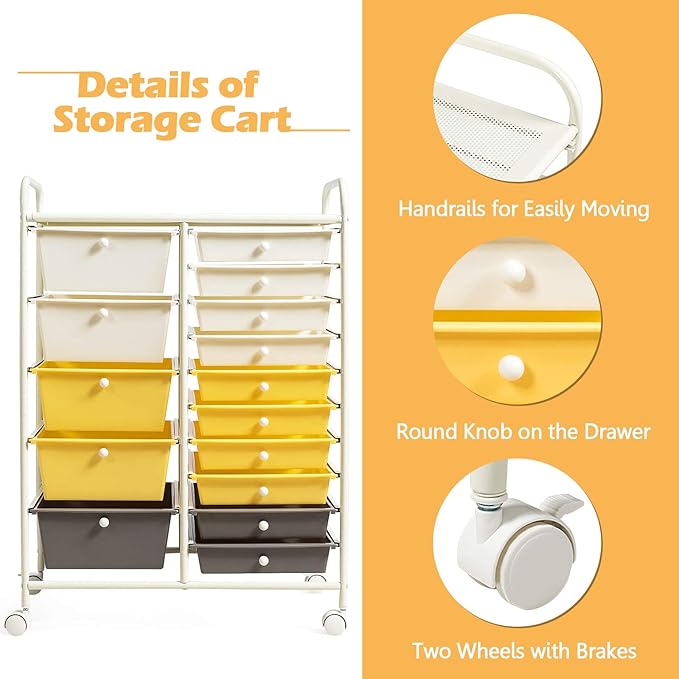 GOFLAME 15-Drawer Rolling Storage Cart, Craft Storage Cart with Removable Drawers & Lockable Wheels, Art Cart Supply Storage Organizer for Home Office Classroom, Yellow