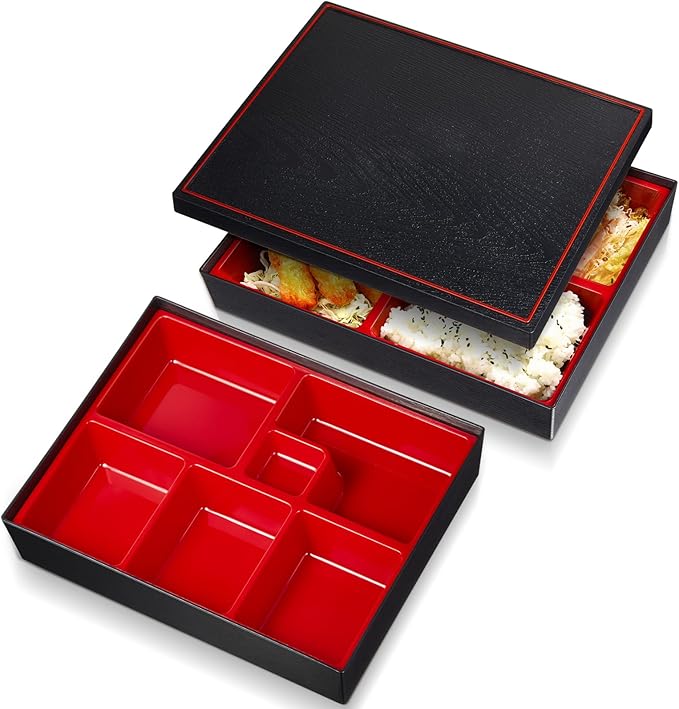 2 Pcs 12 x 9.5 x 2.2 Inch Japanese Lunch Box 6 Compartments Divided Bento Box with Greaseproof Adult Japanese Bento Lunch Container Sushi Home Restaurant
