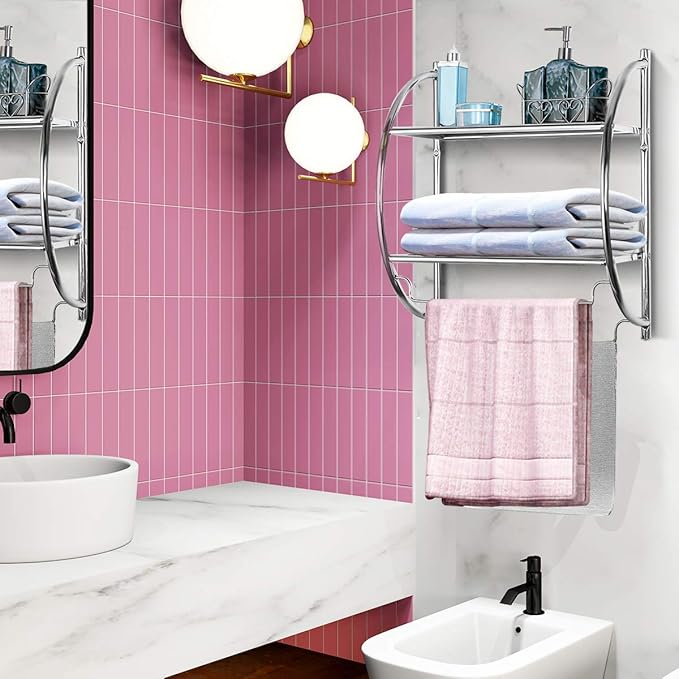 Tangkula Wall Mount 2 Tier Bathroom Shelf with Bars, 18" W X 10" D X 22" H, Home Toilet Double Layer Rustproof Chrome Shelf