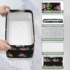 Toilet Tank Topper Paper Basket with Handle, Black Floral Bathroom Storage Basket for Organizing, Small Fabric Storage Bins for Bathroom Decor, Polyester