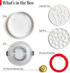 Premium 4 in 1 Cupcake Carrier with Lid - Cupcake, Deviled Egg, Pie & Cake Container - Includes Pie Crust Shield & 12 Silicone Baking Cups