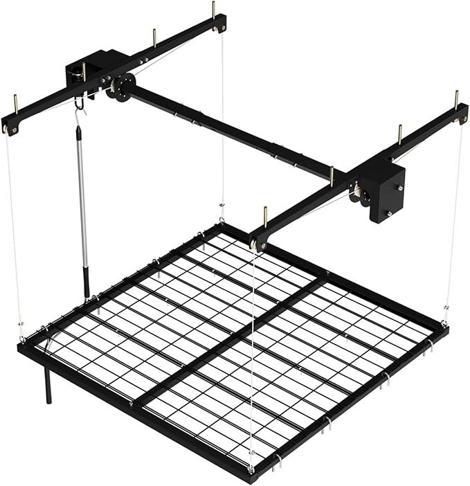 Overhead Garage Lift Storage Rack, 4x4 Ft, Heavy-Duty Steel Ceiling Mounted Garage Ceiling Rack Organizer with 350 lb Capacity, Easy Crank System and Quick Installation for Clutter-Free Space