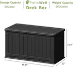 Patiowell 90 Gallon Resin Deck Box, Waterproof Large Outdoor Storage Box for Patio Furniture and Garden Tools (Black)