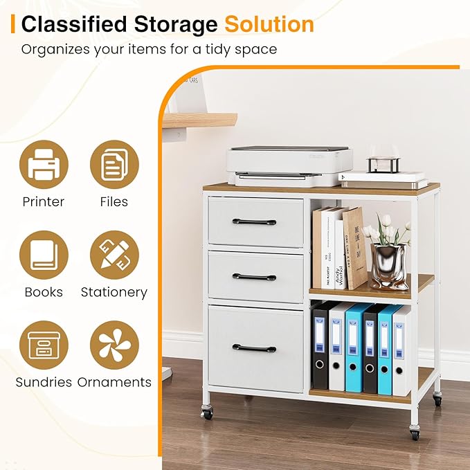 Giantex File Cabinet, Printer Stand with Storage, 3 Fabric Drawers, Open Storage Shelves, Charging Station, 4 Rolling Wheels (2 Lockable), Lateral Filing Cabinet for Home Office Organization (White)