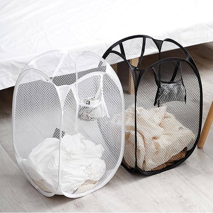 2pcs Pop Up Mesh Laundry Hamper Room Collapsible Storage Bin Lightweight Basket For College Dorm Home Travel Camping (Black & White)