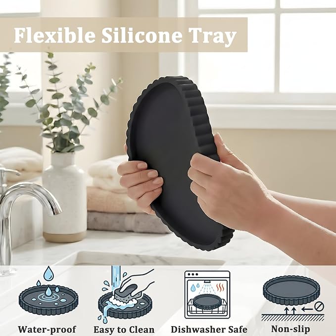 Silicone Bathroom Vanity Tray, Modern Round Decorative Tray for Countertop, Waterproof & Unbreakable Cosmetic Perfume Organizer, Extra-Thick & Sturdy, Easy to Clean Candle Tray (9 Inch, Black)