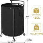 Chrislley 160L Double Laundry Hamper with Wheels, Rolling Laundry Basket with Removable Bag,Round Iron Laundry Cart with Steel Frame and Handle, Dirty Clothes Hamper Organizer for Dorm,Hoom(Black)