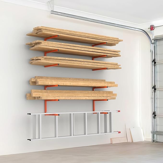 WALMANN Garage Wall Mounted Lumber Storage Rack, Overhead Heavy Duty One-Piece Design Lumber Rack for Woodworking Shop(2 Pairs)