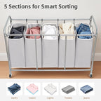 STORAGE MANIAC 5 Section Laundry Sorter, 5 Bins Rolling Separator Laundry Basket, Dirty Clothes Hamper Divider with Heavy Duty Rolling Lockable Wheels, Large Clothes Organizer Cart, Gray