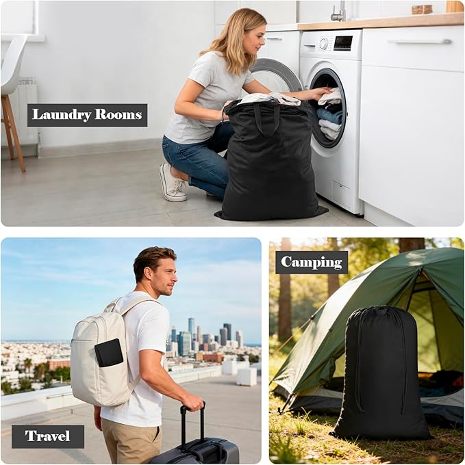 Laundry Bag, Extra Large Travel Laundry Bags with Handles & Drawstring Closure, 24"x 36" Dirty Clothes Storage Bag, Basket Hamper Liner, Organizer Sack for Laundry Room, Camping, Black