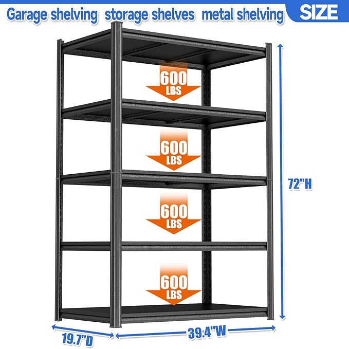 72"H Garage Shelving 3000LBS Storage Shelves Heavy Duty 5 Tier Adjustable Metal Shelving Unit Storage Rack and Shelving for Basement, Warehouse, Pantry, Closet, Kitchen 39.4" W × 19.7" D × 72" H