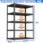 72"H Garage Shelving 3000LBS Storage Shelves Heavy Duty 5 Tier Adjustable Metal Shelving Unit Storage Rack and Shelving for Basement, Warehouse, Pantry, Closet, Kitchen 39.4" W × 19.7" D × 72" H