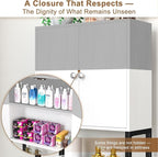 Over-The-Toilet Storage Rack, 4-Tier Bathroom Organizer Shelf Over Toilet with Barn Doors Cabinet and Basket, Freestanding Space Saver Bathroom Shelves with Paper Holder Above Toilet (Gray & White)
