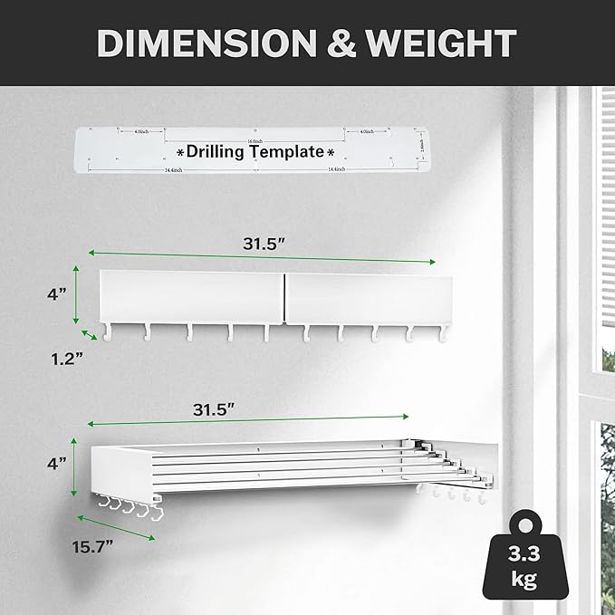 Foldable Wall Mounted Drying Rack - 31.5” Wide, 13.2 Ft Drying Space, 5 Aluminum Rods, Supports Up to 60 lbs - Retractable & Foldable Space-Saving Wall Mounted Clothes Drying Rack (White)