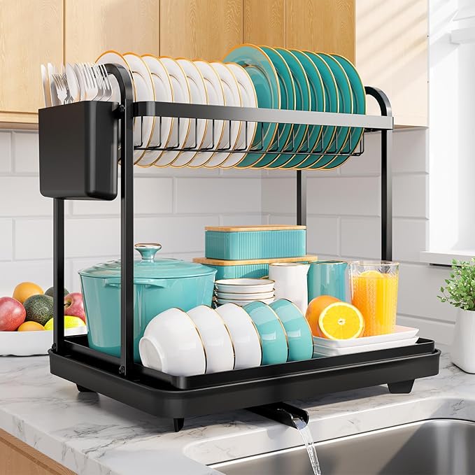 2-Tier Dish Drying Rack - Stainless Steel Dish Rack with Cutlery & Utensil Holders for Kitchen Counter, Sink Organization and Storage for Small Family, 15" W x 11.4" L x 15" H, Black