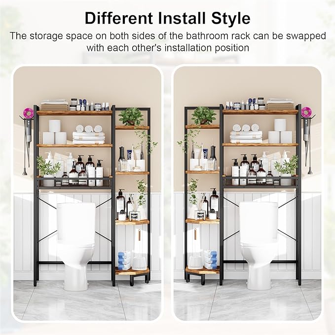 K1 Heavy Duty 7-Tier Over The Toilet Storage（With Basket and Paper Hook）Freestanding Above Toilet Shelf with Adjustable Feet，Space Saver Bathroom Shelves 9.3"D x 33.5"W x 63.8"H，Rustic Brown