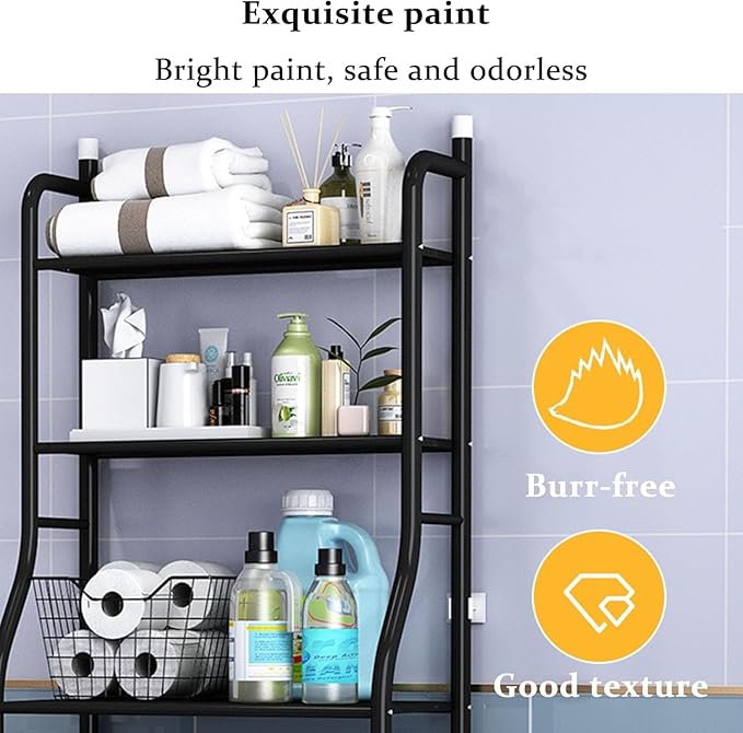 3 Tier Bathroom Over Toilet Organizer Rack, Over The Toilet Storage Rack, Space Saver Wrought Iron Bathroom Shelves, Freestanding Bathrooms Shelves for Restroom Laundry Balcony, Black