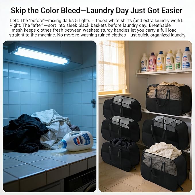 Pop Up Laundry Hamper,Collapsible Laundry Baskets,6-Piece Tear-proof Laundry Basket,Laundry Basket with enhanced handle oldable Mesh Storage Bin for Home, Dorm, Travel (Black)