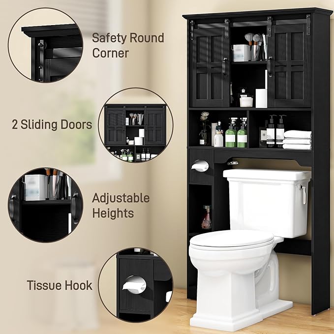 Vabches Farmhouse Over The Toilet Cabinet with Sliding Doors, Home Space-Saving Toilet Rack with Toilet Paper Holder Stand and Open Storage Shelf, for Restroom, Bathroom, Laundry.Pure Black
