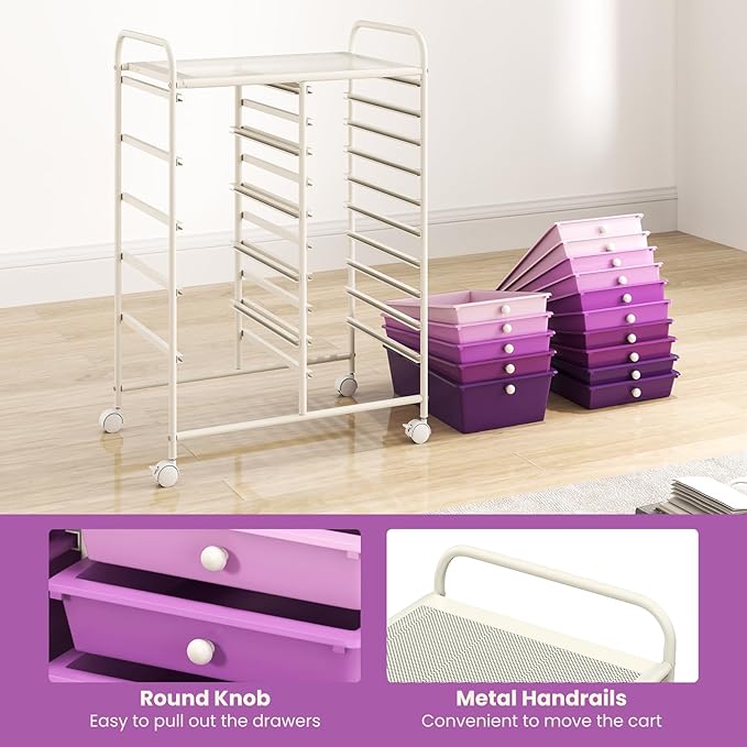 LUARANE Rolling Cart with 15 Drawers, Craft Storage Cart with Portable Handles & Lockable Wheels, Mobile Toys Organizer, Large Capacity Utility Drawer Cart Home Office School Teacher (Gradient Purple)