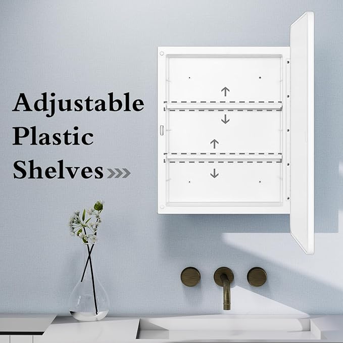 Fundin White Plastic Medicine Cabinet, Mirror Door with Round Corner Metal Frame, Recessed and Surface Mount Bathroom Wall Medicine Cabinet, 16 x 24 inch Mirror Size