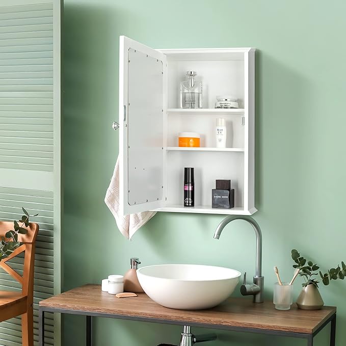 Karl home Wooden Medicine Cabinet White Wall Mounted Bathroom Cabinet with Single Mirror Door & Adjustable Shelves for Bathroom, Living Room, Entryway