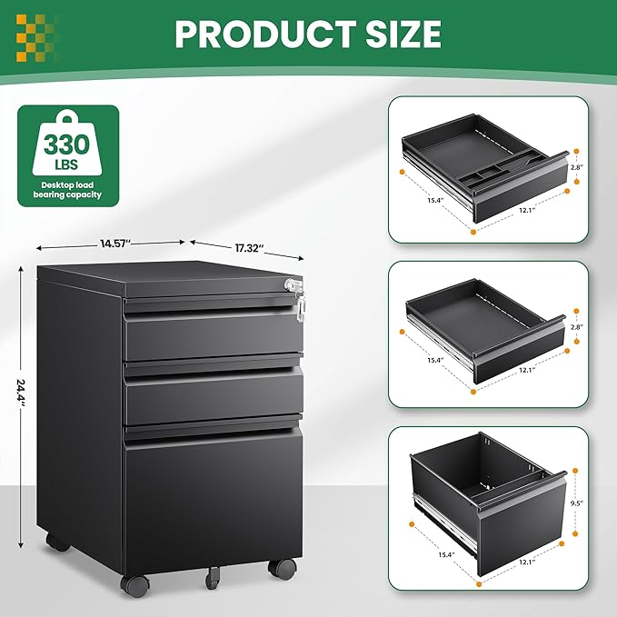 3 Drawer Mobile File Cabinet with Lock,Under Desk Rolling File Cabinet for Home Office Fits Legal/Letter/A4 File (Unassembled,Black)