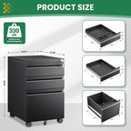 3 Drawer Mobile File Cabinet with Lock,Under Desk Rolling File Cabinet for Home Office Fits Legal/Letter/A4 File (Unassembled,Black)