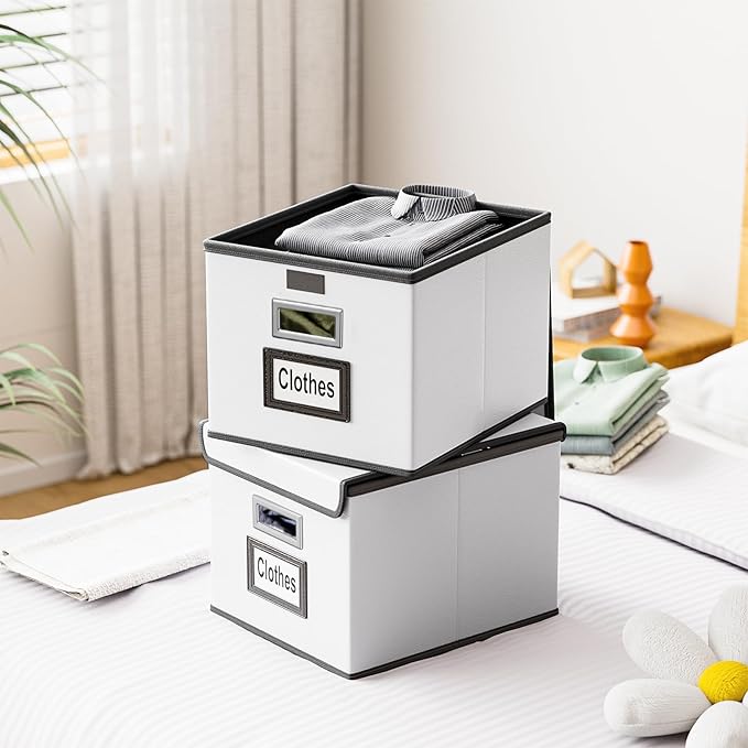 Huolewa File Organizer Box with Lid, Collapsible Faux Leather Hanging File Folder Box Organizer with Plastic Slides, Decorative Home/Office Filing System Boxes for File and Folders Storage