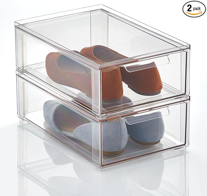 mDesign Plastic Storage Box with Drawer – Low Plastic Shoe Storage Bin – Stackable Box for Accessories etc. – Pack of 2 – Transparent