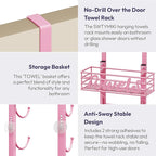 SWTYMIKI Hanging Towel Racks for Bathroom - 9 Tier Over the Door & Wall Mounted Bath Rolled Towel Storage Organizer Holder for Small Bathroom, RV, Camper (Pink, 6-Tier)
