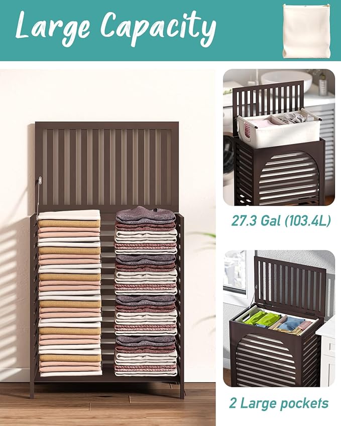 Laundry Hamper, 27.3 Gallon (103L) Bamboo Wood Clothes Laundry Basket with Lid and Handles, Removable Liner