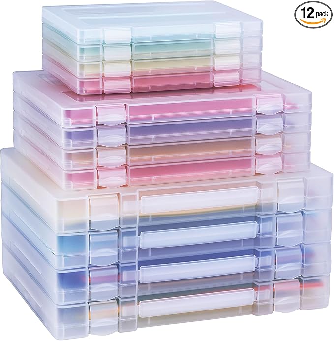 12 Pack A4 Paper Storage Boxes, 8.5 x 11 Plastic Portable Project Case for US letter Size and A4 paper, Plastic Multi-Purpose Thick Scrapbook Storage Box for Office