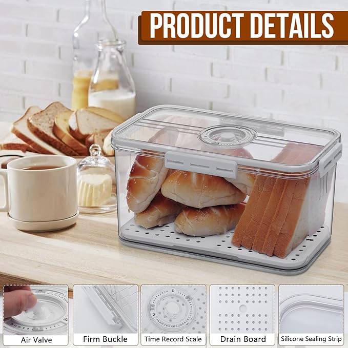 Bread Box Bread Boxes for Kitchen Counter Airtight, Time Recording Bread Storage Container with Lid, Bread Keeper for Homemade Bread, Toast, Bagel, Donut and Cookies, White