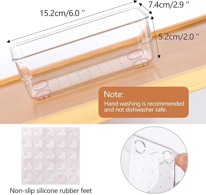 Ohlove 6Pcs Clear Plastic Drawer Organizers Tray 6" x 3" Storage Bins with 25Pcs Non-slip Pads for Makeup, Jewelries, Kitchen Utensils, Bathroom and Office