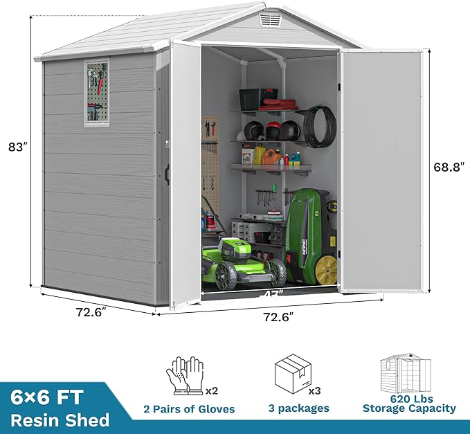 Devoko 6x6 FT Plastic Outdoor Storage Shed with Floor, Resin Garden Shed with Lockable Door and Window, Waterproof Outside Tool Storage Shed for Patio, Garden, Backyard, Light Gray