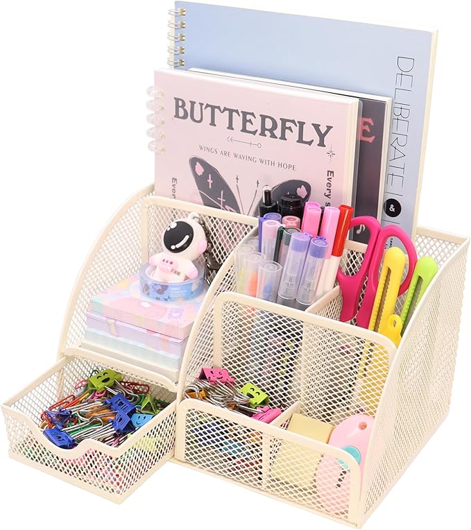 Boutilon Mesh Desk Organizer Desktop Office Supplies Stationary Organizer with 6 Compartments and 1 Drawer Multi-Functional Caddy Pen Holder for Home Office School Desk Decor(Beige)
