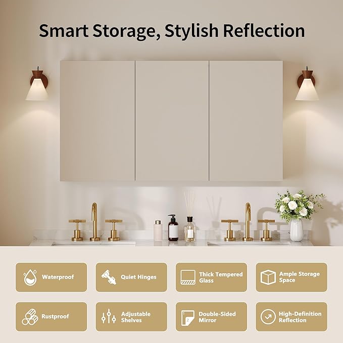 DeerValley Medicine Cabinet with Mirror, 48" W x 26" H Bathroom Mirror with Storage, 3 Doors Frameless Modern Wall Mount Mirrored Medicine Cabinets with 2 Adjustable Shelves DV-1MC0149