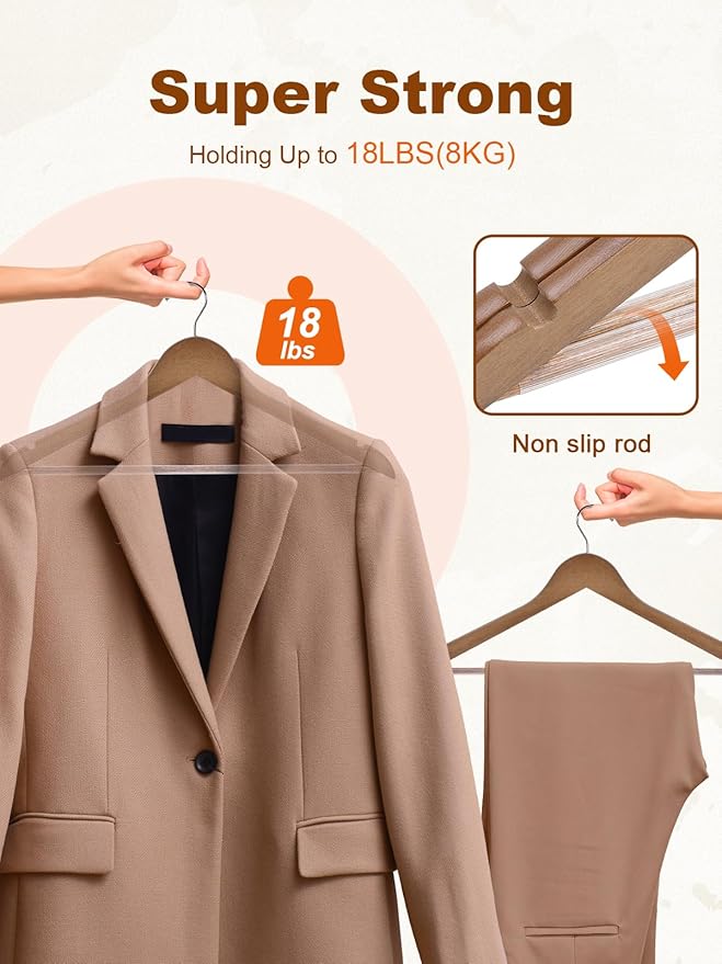 HOUSE DAY Walnut Wooden Hangers 10 Pack, Solid Wood Hanger with Non Slip Pant Bar, Heavy Duty Wooden Coat Hanger for Closet, Smooth Finish Wood Clothes Hangers for Shirts, Suits, Jackets, Dress