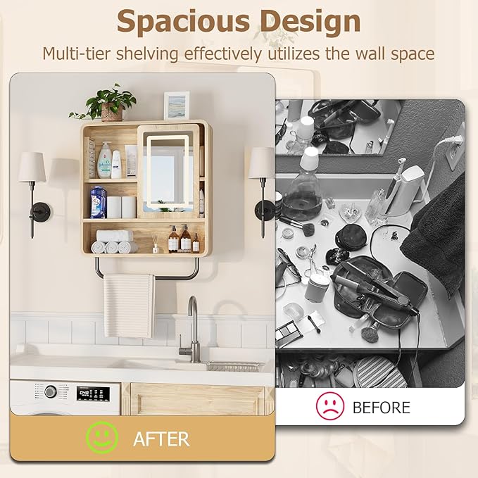 QUW Modern Bathroom Wall Cabinet, Medicine Cabinets with Mirror, Over The Toilet Storage Cabinet for Bathroom, Towel Bar, Sliding Door, 3 Lighting Modes, Adjustable Brightness, Natural Oak