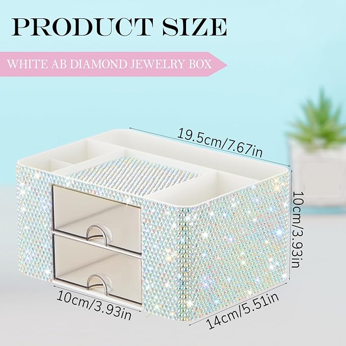 Silver Bling Desk Organizer with 2 Drawer, Sparkly Makeup Organizer for Vanity, Girly Desk Accessories, Rhinestone Pen Holder, Elevate Your Workspace with Silver Serenity (Diamond)
