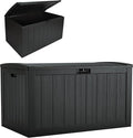 Suncast 134-Gal. Resin Extra-Large Outdoor Patio Deck Box with Pad-Lockable Lid, Modern Outdoor Patio Bench/Storage Box for Cushions, Garden Tools, and More, Iron Ore