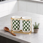 Ceramic Checkered Utensil Crocks with Gold Metal Rack, Black & White Grid Kitchen Utensil Storage, Farmhouse Kitchen Decor, Flatware Organizer & Home Accessory (Green)