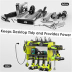 CCCEI Modular Power Tool Organizer Wall Mount Charging Station, Green 6 Drills Holder with 8 Plug Power Strip 6FT, Garage Drill Battery Heavy Duty Metal Shelf, Utility Rack with Hooks, Side Storage.