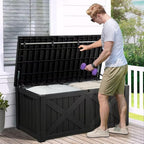YITAHOME 150 Gallon Large Deck Box with X-Shaped Front, Resin Outdoor Storage Boxes, Waterproof Cushion Storage Bench for Patio, Pool Supplies, Garden Tools - Lockable, Black