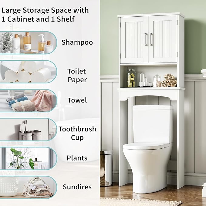 GarveeHome Over The Toilet Storage Cabinet, Double Door Bathroom Storage Organizer with Anti-Tip Device, Small Freestanding Space Saver with Open Shelf, White