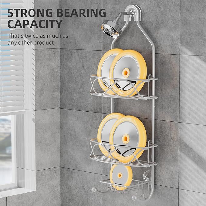 Shower Caddy Hanging 3 Tier with Two Movable Baskets, Grey Shower Caddy with Hooks for Towels, Sponge and More