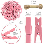 1.35 Inch Mini Clothes Pins for Photo100 Pcs with 32 Feet Jute Twine, Mini Clothes Pins for Crafts, Wooden Small Clothespins for Pictures, Tiny Decorative Clothespins for Baby Shower (Pink)