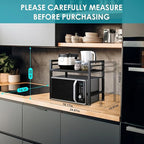 DOLALIKE Microwave Oven Rack, Expandable Microwave Stand Countertop Kitchen Utensils Tableware Storage, Carbon Steel Over Microwave Shelf Countertop with 3 Hooks