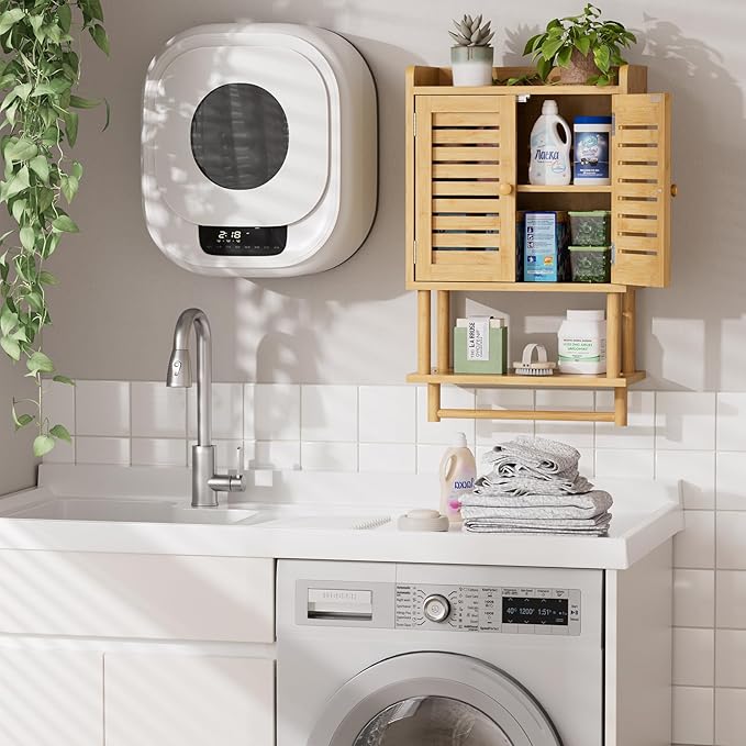 AmazerBath Bathroom Wall Cabinet, Bamboo Over The Toilet Storage Cabinet, Hanging Medicine Cabinets with Towel Bar, Wall Mounted Storage Shelf with Adjustable Shelves for Small Spaces